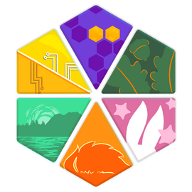 A hexagon consisting of six diamond shapes. Each diamond has a unique design. Clockwise from top: 1. Purple with gold honeycomb. 2. Forest green with oak leaves and orange highlight. 3. Bubblegum pink with stars and white rabbit ears. 4. Bright orange with