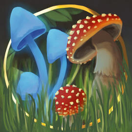 A small collection of glowing entoloma mushrooms, and spotted cap toadstools. They are encircled by a gold band and wreathed in grass.