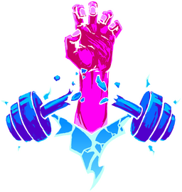 Pop art emblem depicting a hand breaking through a dumbell, charged with energy.