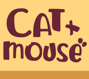 Logo for "Cat and Mouse", hobby store. 'CAT+' is a resting cat with crossed paws, the 'mouse' E is a small mouse, and the o is a nibbled cheese wheel in red wax.