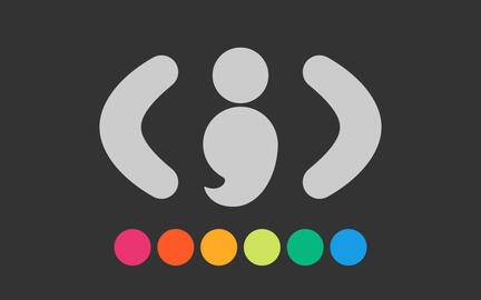 Main graphic: open tag, semi-colon, close tag. Semi-colon is shaped like a stylised human silhouette. Accent: underneath, a palette of six dots in a non-conventional rainbow.