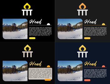 Grid of four website designs with varying colours. Clockwise from top-left: pure black and pure white with minor yellow accents. Dark gray with muted orange and yellow accents. Navy blue with yellow and coral accents. Pure black with ivory, yellow, and ora