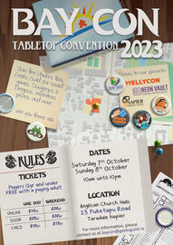 Board game convention promotional poster. Information is displayed as if on a table: text on sticky notes, price and date details on page of a rule book, sponsor logos on badges and pins.