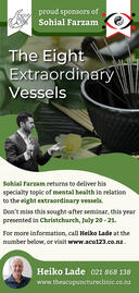 Advertising flyer. Top half: stock photo of acupuncture needles and tea leaves. Divider: cut-out of speaker, accented by curves. Bottom: event details. Footer: promotor contact details.