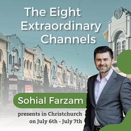 Title: "The Eight Extraordinary Channels." Background: faded photo of Reagent St, Christchurch. Foreground: Cut-out of male figure in business attire, accented by warm green curves.